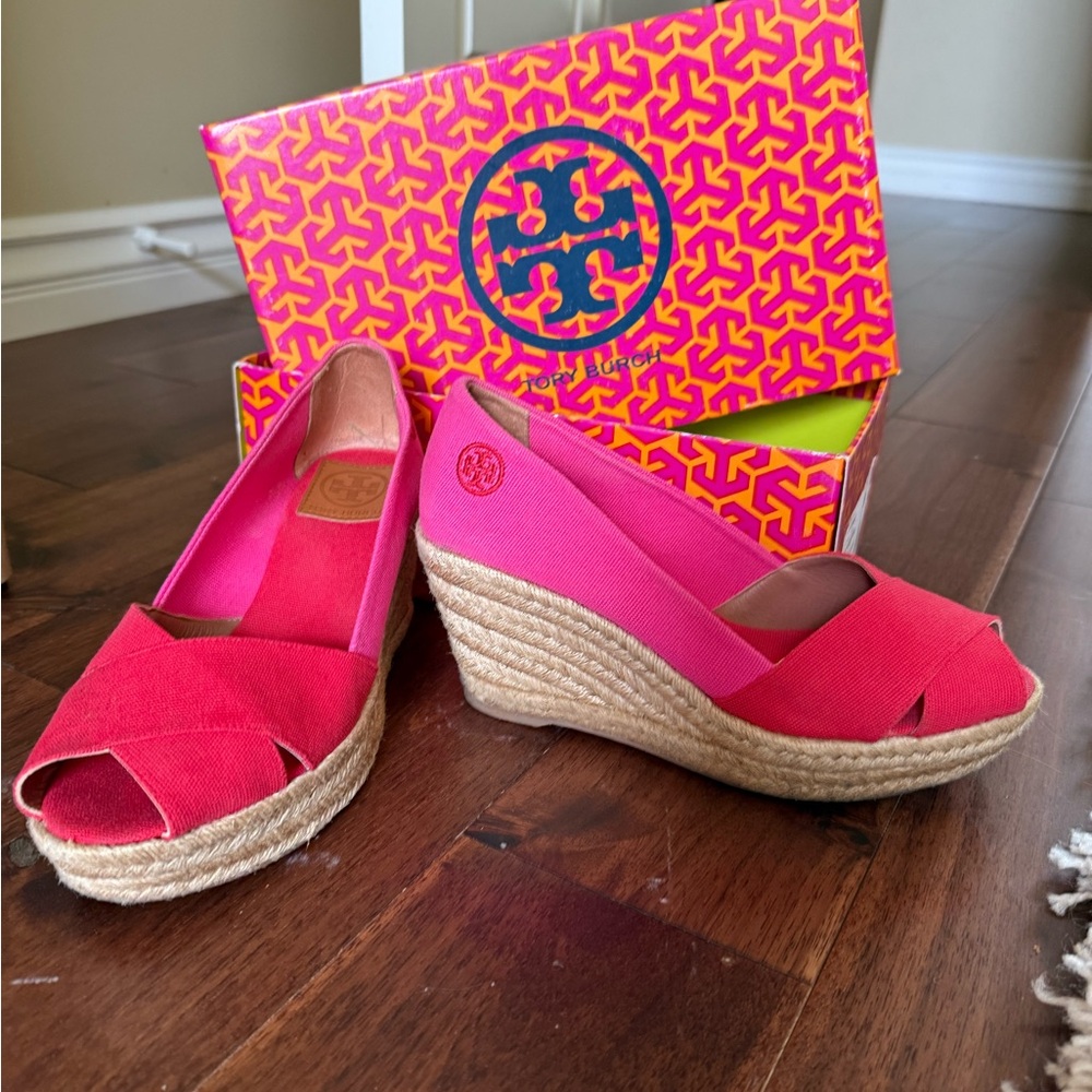 Tory Burch Vibrant Pink Canvas Wedge Espadrilles